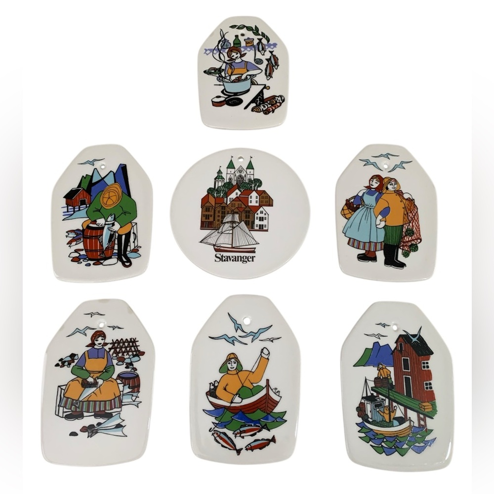 Figgjo Flint Wall Plaques Set 7pc‎ White Norwegian Folk Art Stavanger Decor